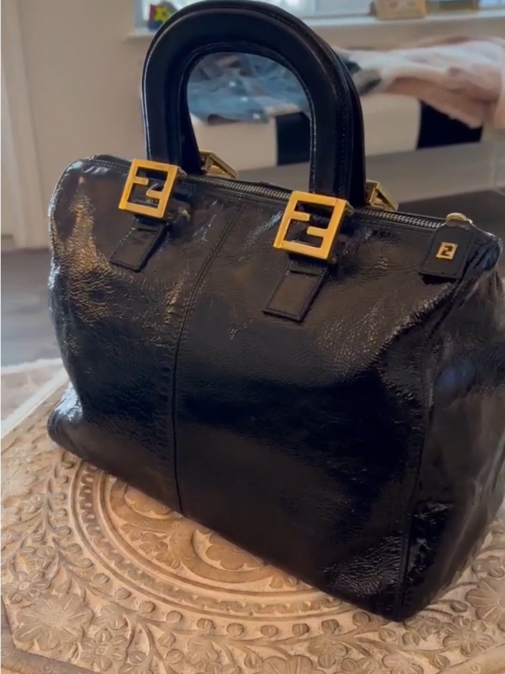 FENDI vintage STUNNING Black Leather Small TwinTote with Gold Hardware